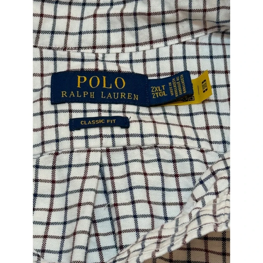 Polo Ralph Lauren Mens 2XLT Classic Fit Plaid Button Down Shirt Tall White Blue